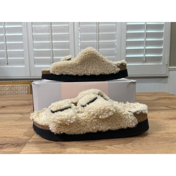 Papillio Arizona Big Buckle Shearling Lamb Slide Sandals Teddy Eggshell 10 L NIB - Picture 3 of 13